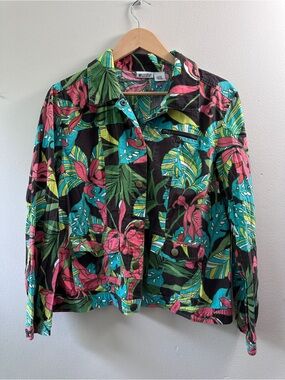 Units Women Large Tropical Utility Jacket Button Front All Over Palm Print VTG